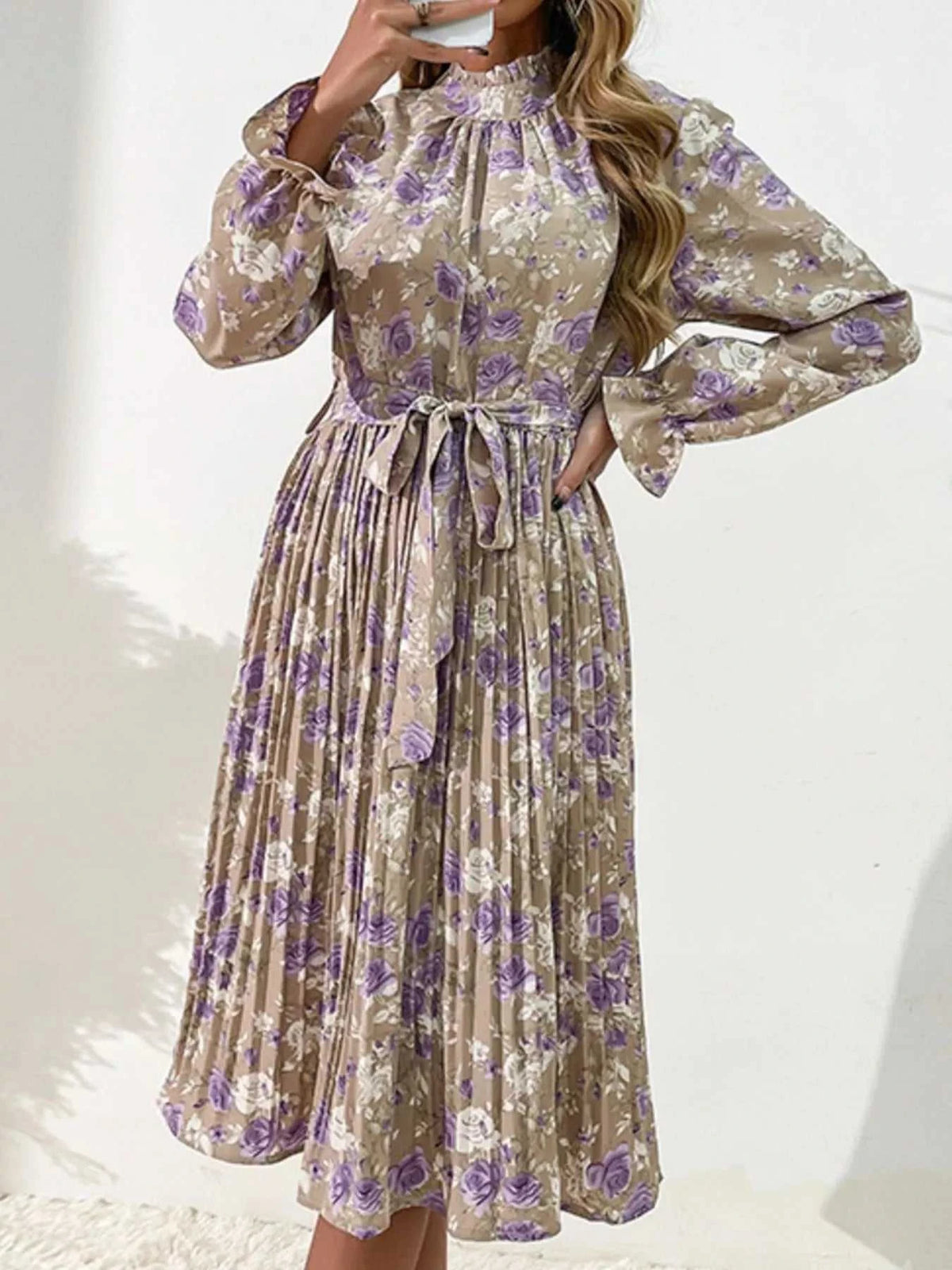 Floral Print Long Sleeve Pleated Midi Dress 100100269493915 46 Women's Midi Dress Affordable Boutique Dresses Under $50 Jerry's Apparel 