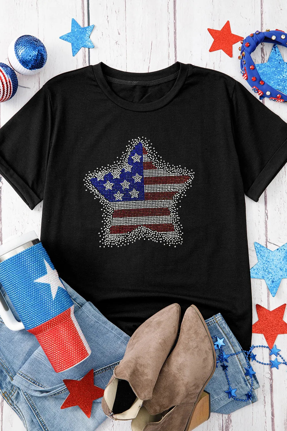 Star Round Neck Short Sleeve T-Shirt