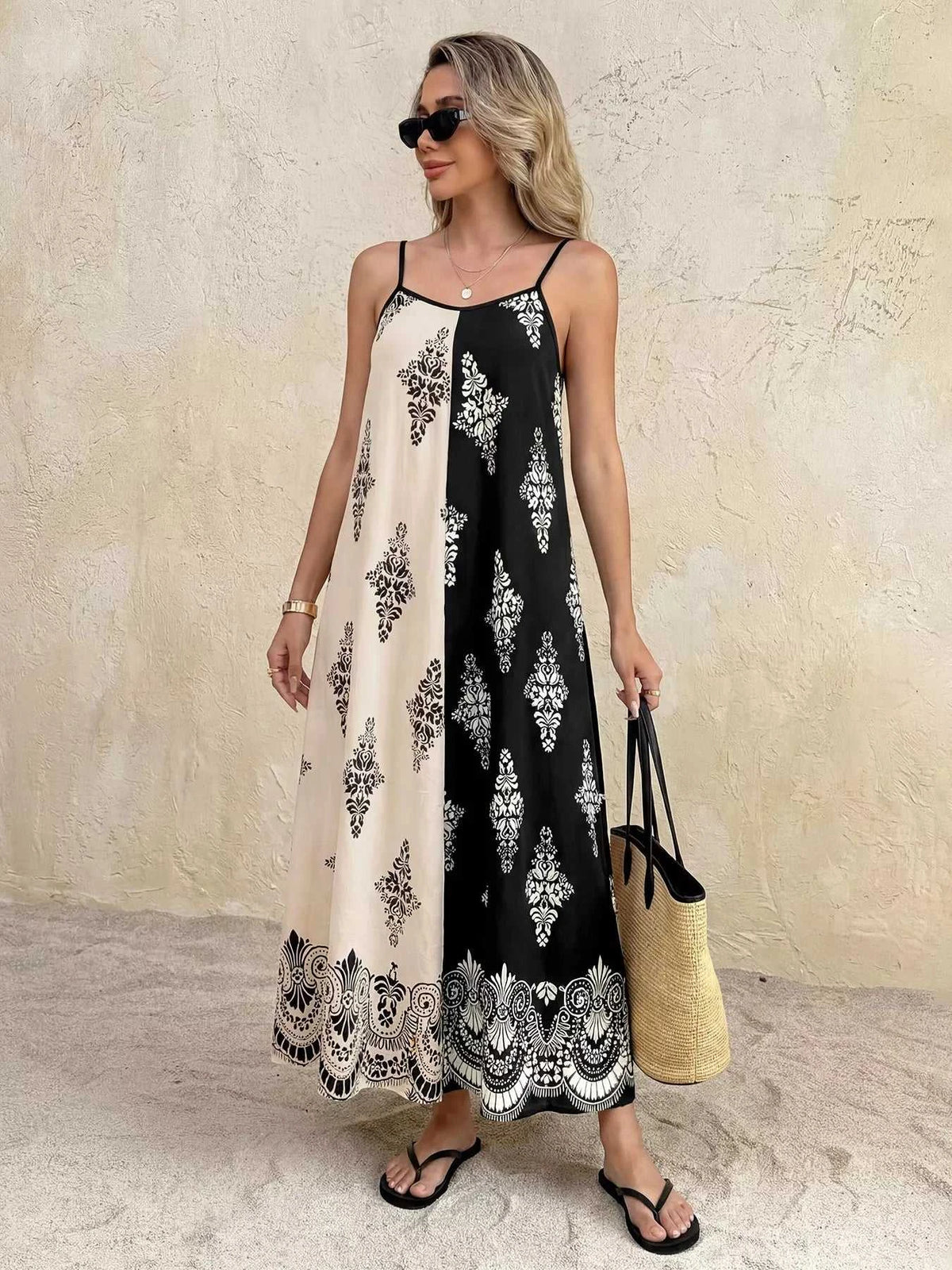 Color Block Floral Print Cami Dress 100100066494060 32 Women's Midi Dress Affordable Boutique Dresses Under $50 Jerry's Apparel 