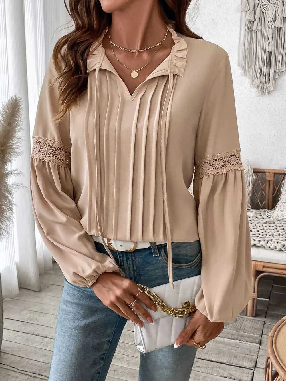 Perfee Frill Tie Neck Long Sleeve Blouse 100100140621598 33 Affordable Fashion Under $100 Jerry's Apparel 