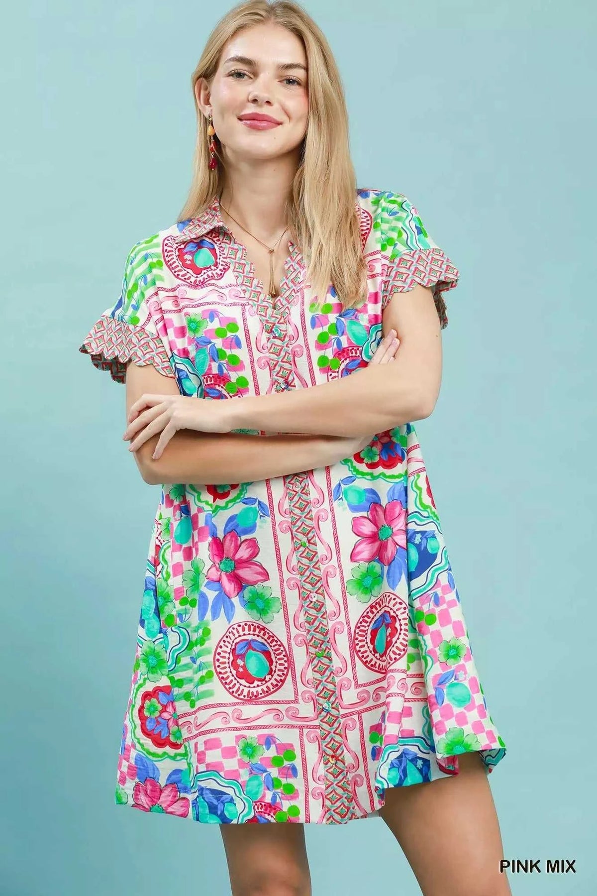 Umgee Mediterranean Print Dress with Contrast Printed Trim 100100885981610 62 Affordable Fashion Under $100 Jerry's Apparel 