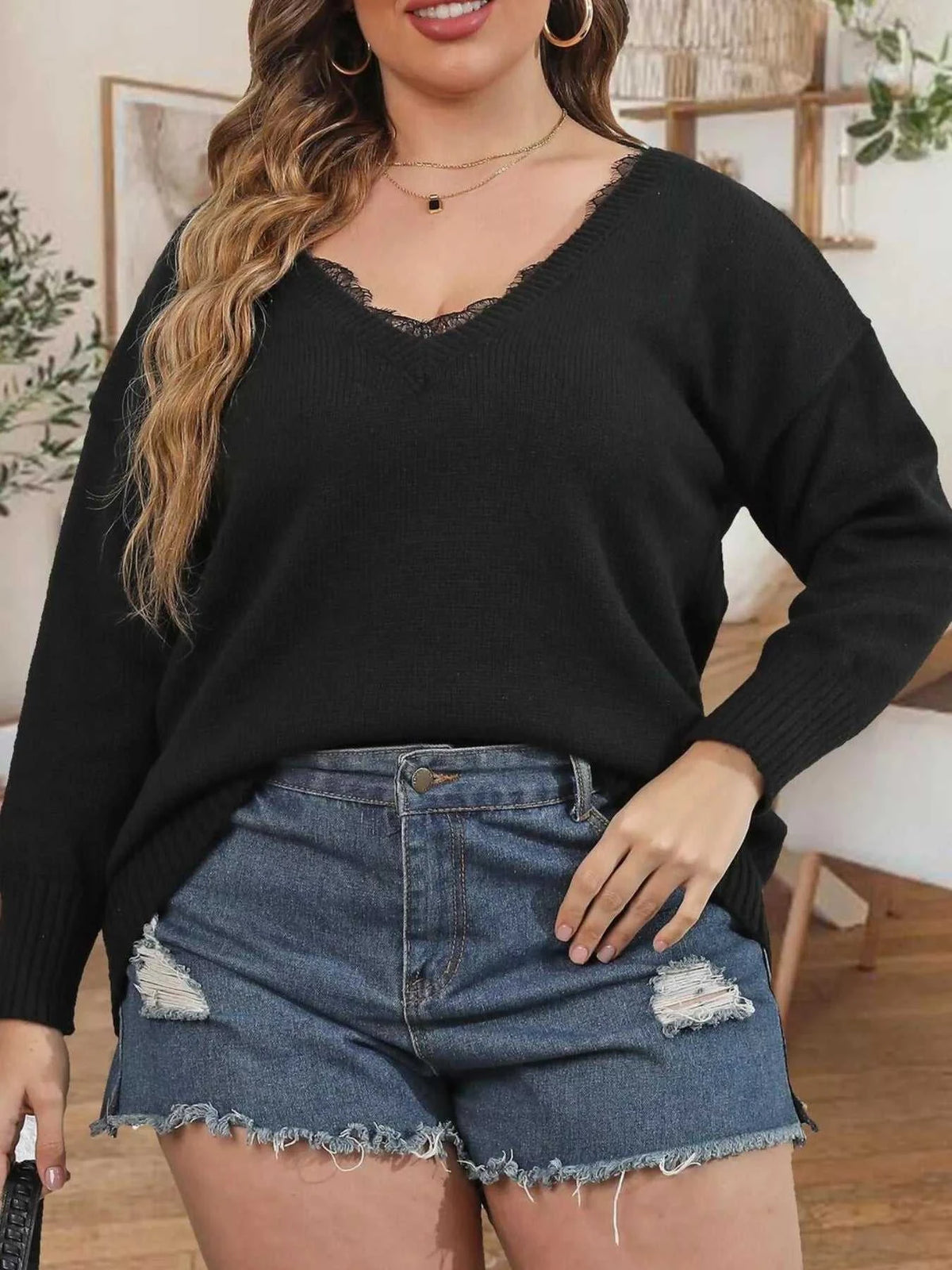 Plus Size Lace Trim V-Neck Sweater 101002554586632 43 Affordable Fashion Under $100 Jerry's Apparel 