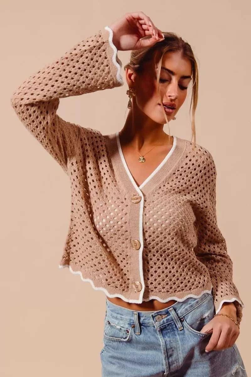 SO ME Open Knit Light Weight Sweater Cardigan With Contrast Wavy Scallop Edge 100100641861665 41 Affordable Fashion Under $100 Jerry's Apparel 