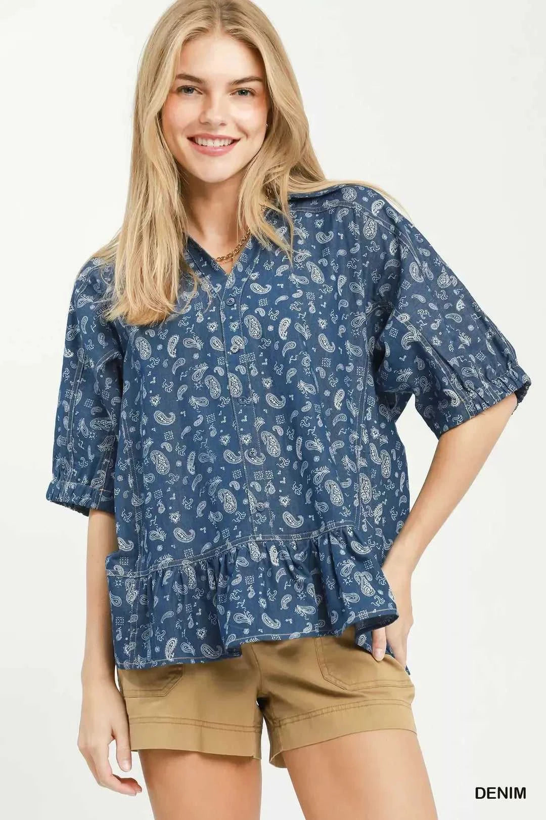 Umgee Paisley Print Chambray Top 100100609611234 57 Affordable Fashion Under $100 Jerry's Apparel 