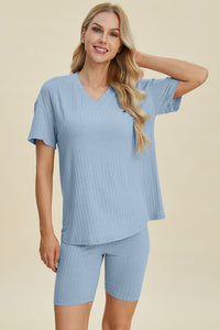 Full Size Ribbed V-Neck Short Sleeve Top and Shorts Set