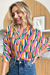 Full Size Geometric Notched Raglan Sleeve Blouse