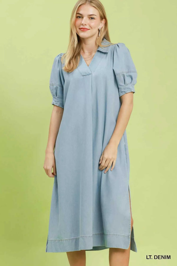 Umgee Chambray Collared Puff Sleeve Dress 100100937161574 64 Affordable Fashion Under $100 Jerry's Apparel 