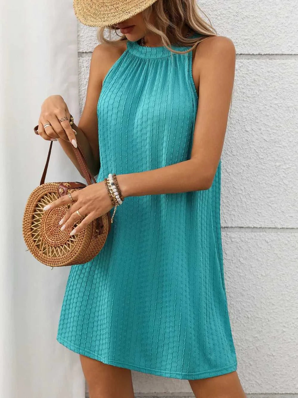 Textured Grecian Neck Mini Dress 100100516101866 24 Affordable Fashion Under $100 Jerry's Apparel 