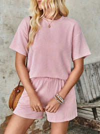 Textured Round Neck Short Sleeve Top and Shorts Set