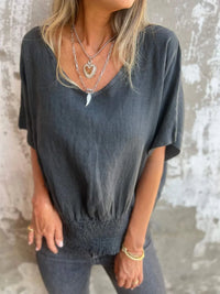 Full Size Smocked Hem V-Neck Relaxed Fit T-Shirt Plus Size