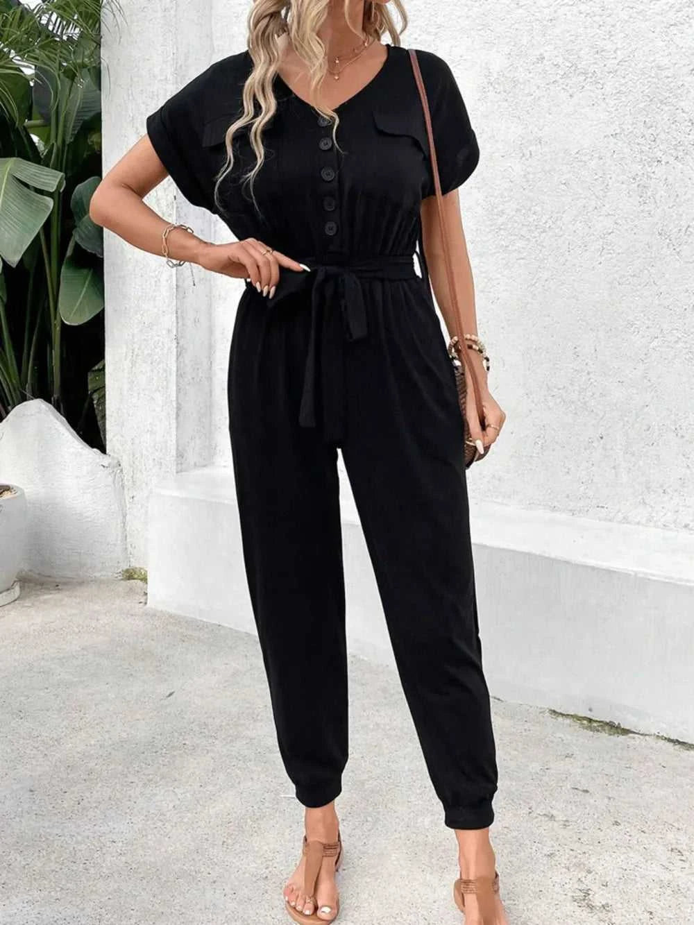 Perfee V-Neck Short Sleeve Jumpsuit 100100199501090 43 Affordable Fashion Under $100 Jerry's Apparel 