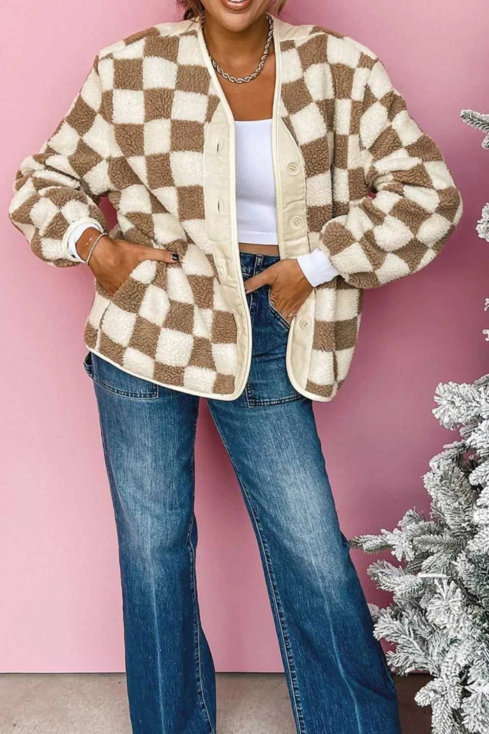 Checkered Sherpa Oversized Button Up Jacket 100100355171838 60 Affordable Fashion Under $100 Jerry's Apparel 