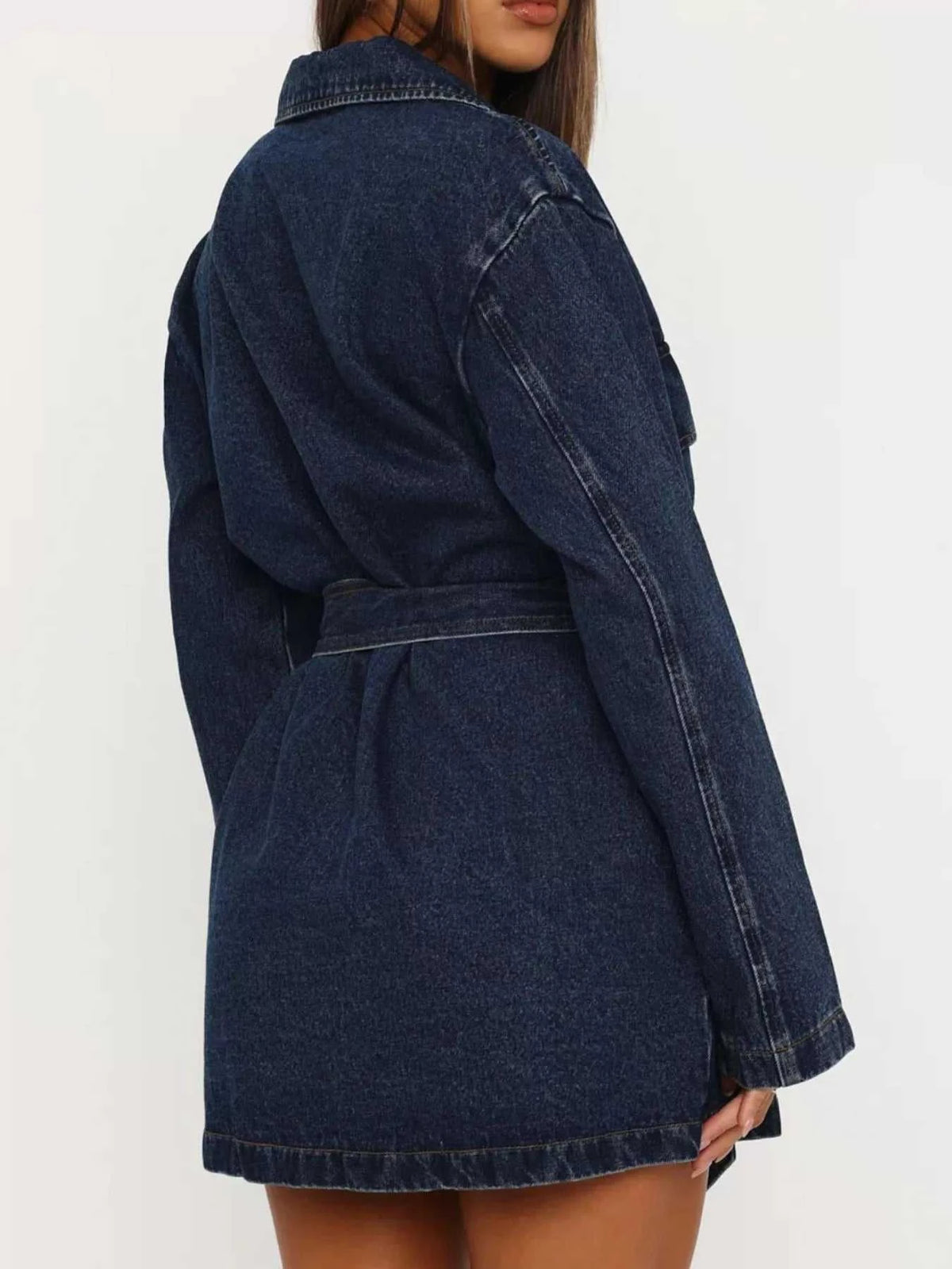Long Sleeve Longline Denim Jacket with Belt 101003147500368 74 Affordable Fashion Under $100 Jerry's Apparel 