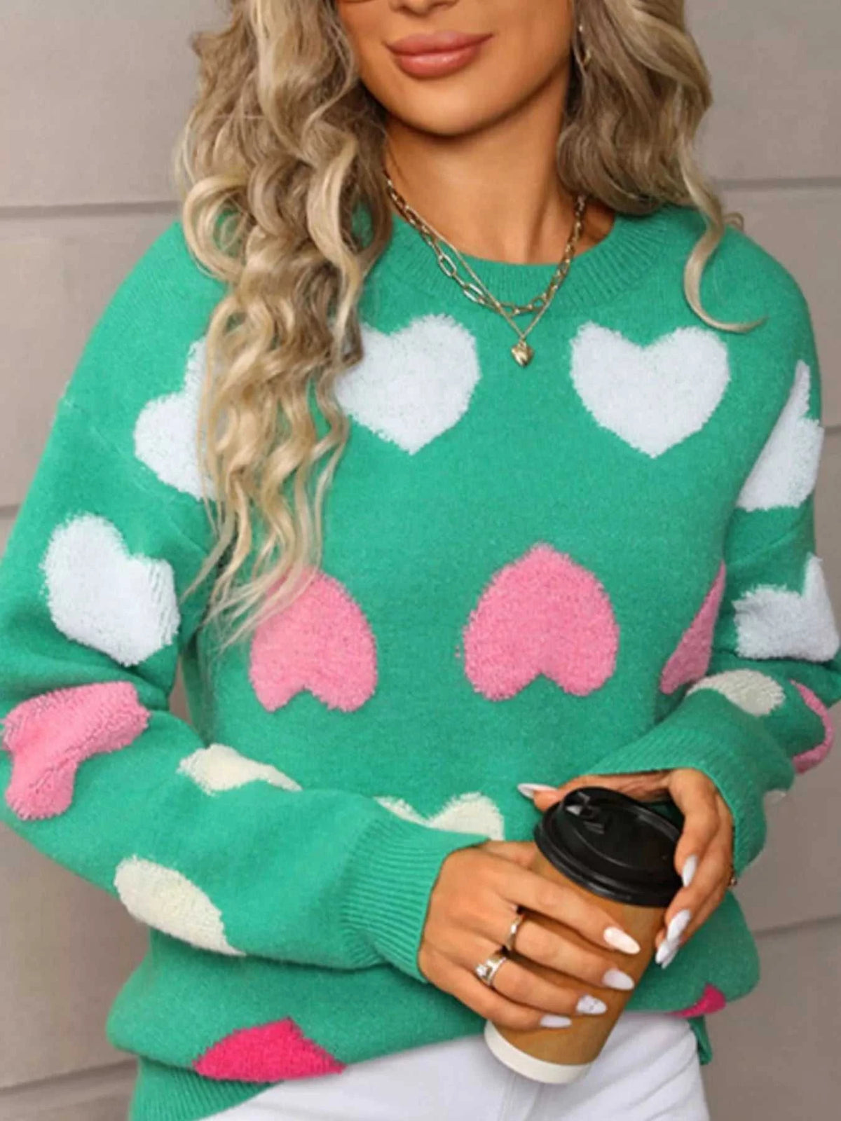 Valentine's Day Heart Pattern Fuzzy Knit Sweater 100100216252554 50 Gifts for Her Jerry's Apparel 