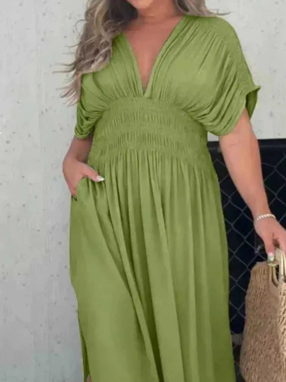 Full Size Slit V-Neck Smocked Waist Maxi Dress Plus Size 100100000480005 59 Gifts for Her Jerry's Apparel 