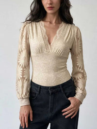 V-Neck Lace Trim Floral Mesh Sleeve Bodysuit 101001744297660 36 Affordable Fashion Under $100 Jerry's Apparel 