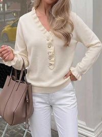 Ruffle Trim Pearl Button V-Neck Knit Top 100100535859062 43 Affordable Fashion Under $100 Jerry's Apparel 
