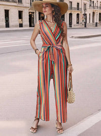 Striped Sleeveless Tie Waist Jumpsuit 100100497230467 28 Jerry's Apparel 