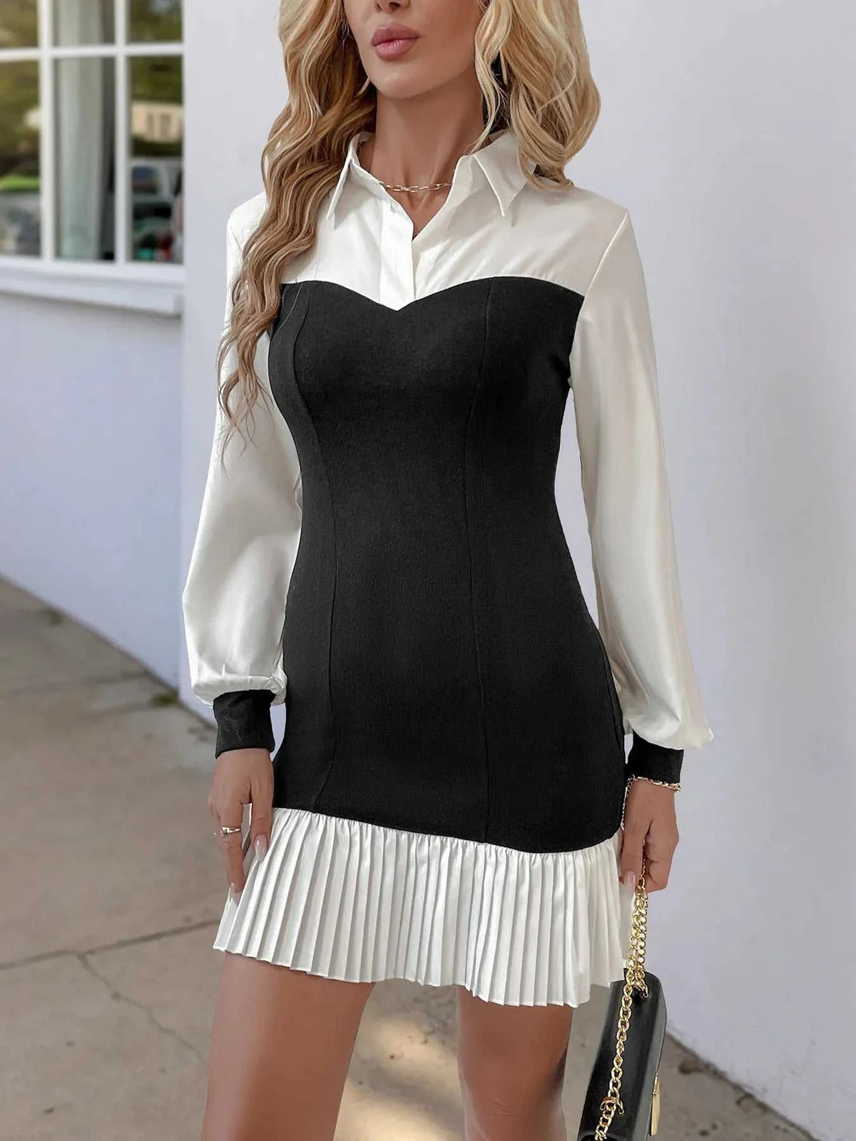 Two Tone Pleated Long Sleeve Shirt Dress 100100148090302 48 Affordable Fashion Under $100 Jerry's Apparel 