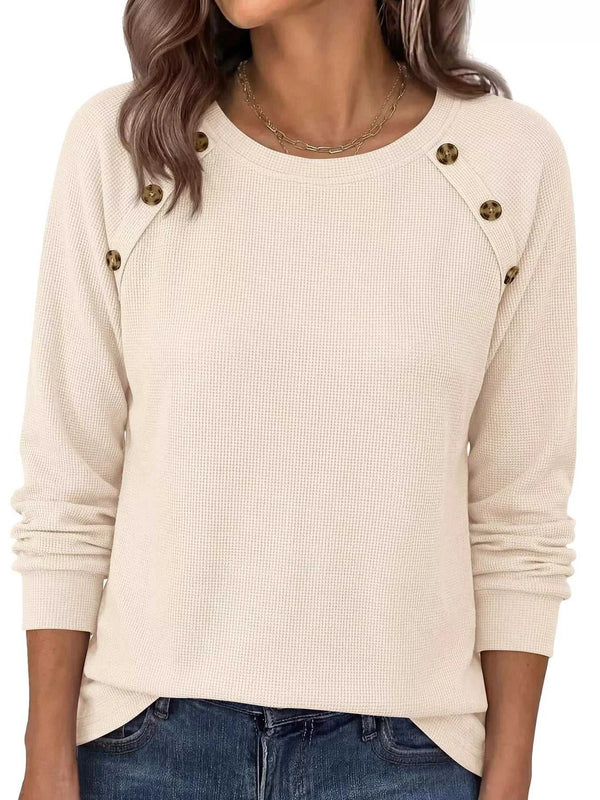 Decorative Button Waffle Knit Long Sleeve T-Shirt 101001761177088 47 Affordable Fashion Under $100 Jerry's Apparel 