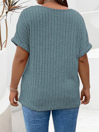 Plus Size Ribbed Half Zip Relaxed Fit T-Shirt
