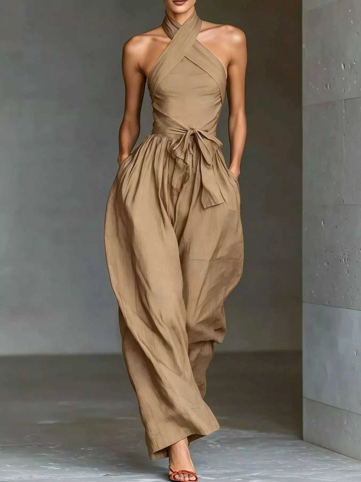 Halter Neck Wide-Leg Jumpsuit with Waist-Tie Detail 101001566820821 48 Affordable Fashion Under $100 Jerry's Apparel 