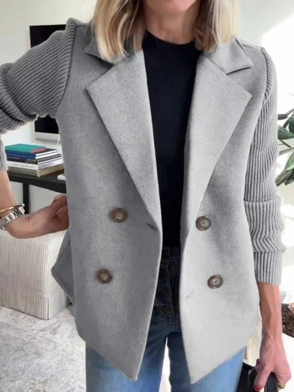 Full Size Knitted Sleeve Wool Blend Double-Breasted Blazer Plus Size 100100695520527 42 Affordable Fashion Under $100 Jerry's Apparel 