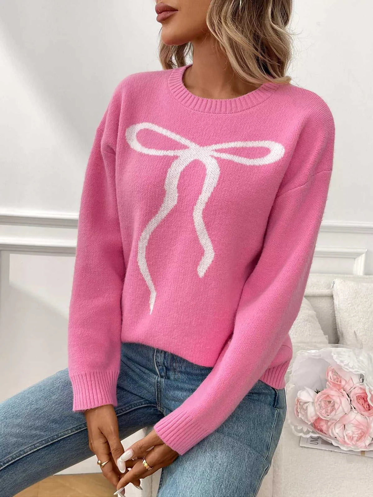 Bow Round Neck Long Sleeve Sweater 100100577001870 48 Seasonal Fashion Collections Jerry's Apparel 