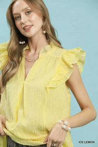Umgee Textured Ruffle Sleeve Split V Neck Top 100100369981814 51 Affordable Fashion Under $100 Jerry's Apparel 