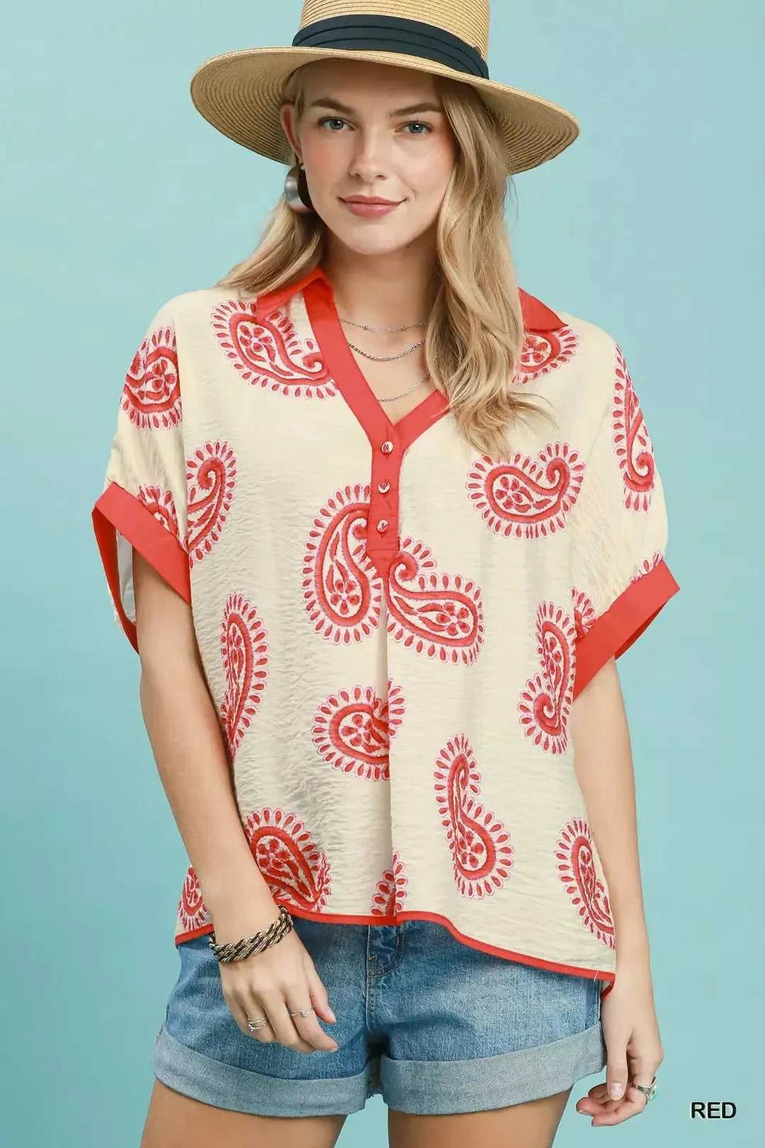 Umgee Paisley Print Contrast Trim Top 100100526331582 45 Affordable Fashion Under $100 Jerry's Apparel 