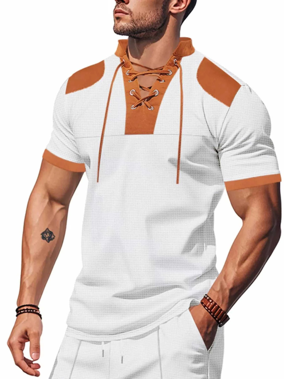 Men's Full Size Lace-Up Neckline Short Sleeve T-Shirt Plus Size 100400842767999 25 Affordable Fashion Under $100 Jerry's Apparel 