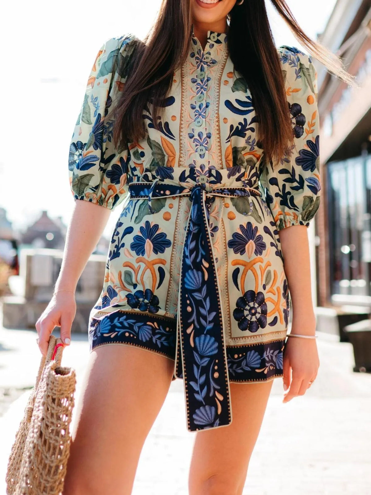 Floral Print Button Front Belted Romper