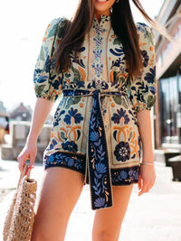 Floral Print Button Front Belted Romper
