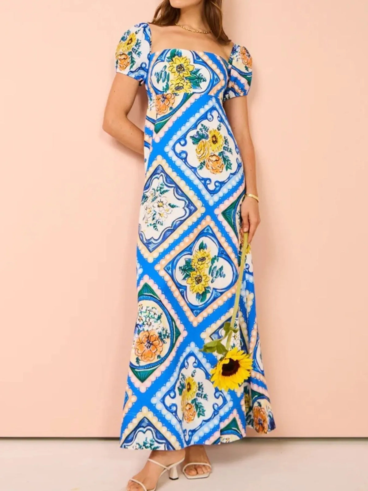 Printed Square Neck Puff Sleeve Maxi Dress