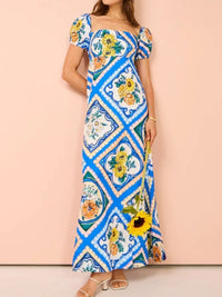 Printed Square Neck Puff Sleeve Maxi Dress