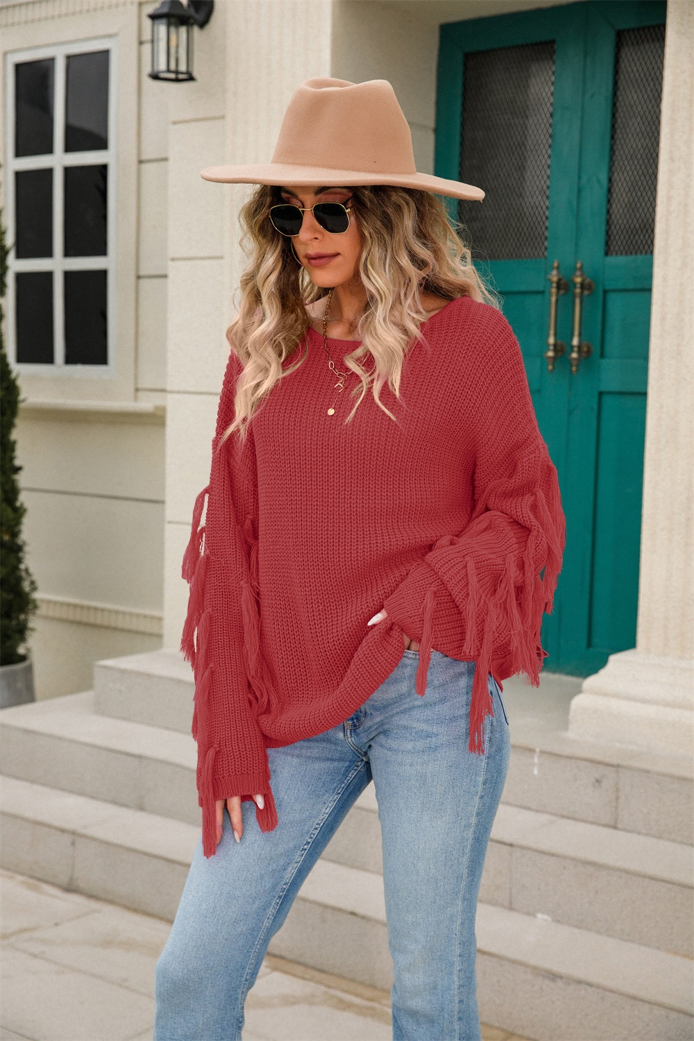 Angel Wings Fringe Round Neck Dropped Shoulder Sweater