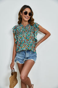 Ruffled Ditsy Floral Mock Neck Cap Sleeve Blouse