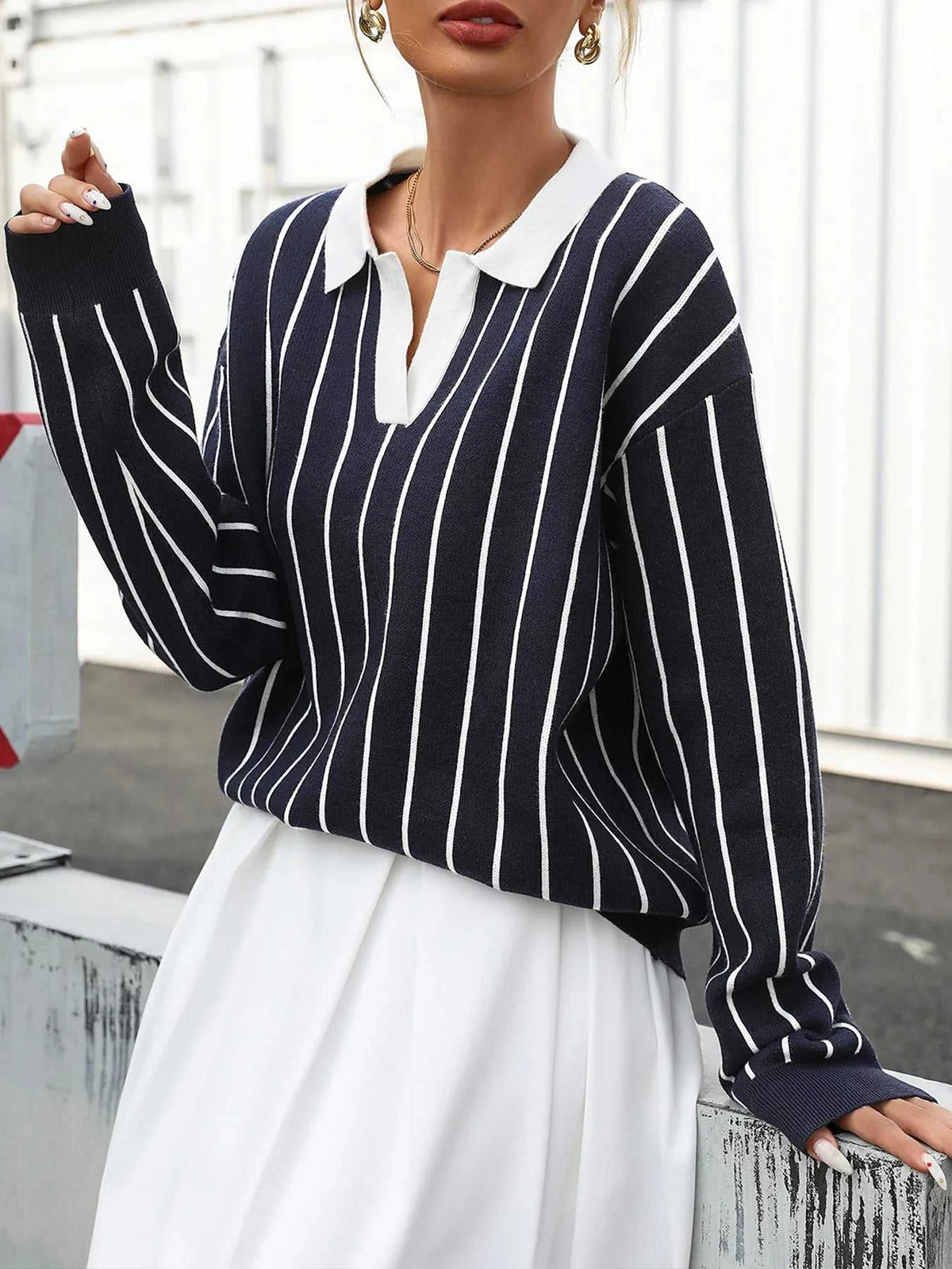 Stripe Contrast Collar Long Sleeve Knit Top 100100552981429 50 Affordable Fashion Under $100 Jerry's Apparel 
