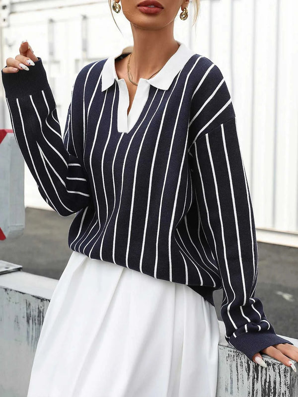 Stripe Contrast Collar Long Sleeve Knit Top 100100552981429 50 Affordable Fashion Under $100 Jerry's Apparel 