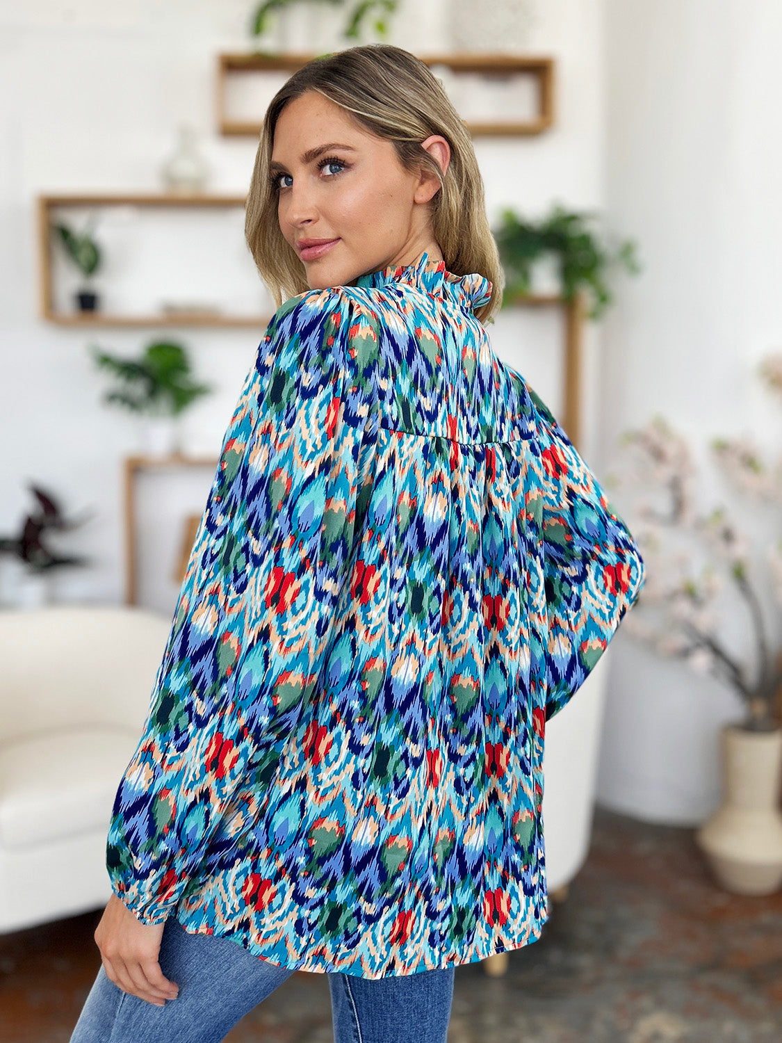 Full Size Printed Balloon Sleeve Blouse