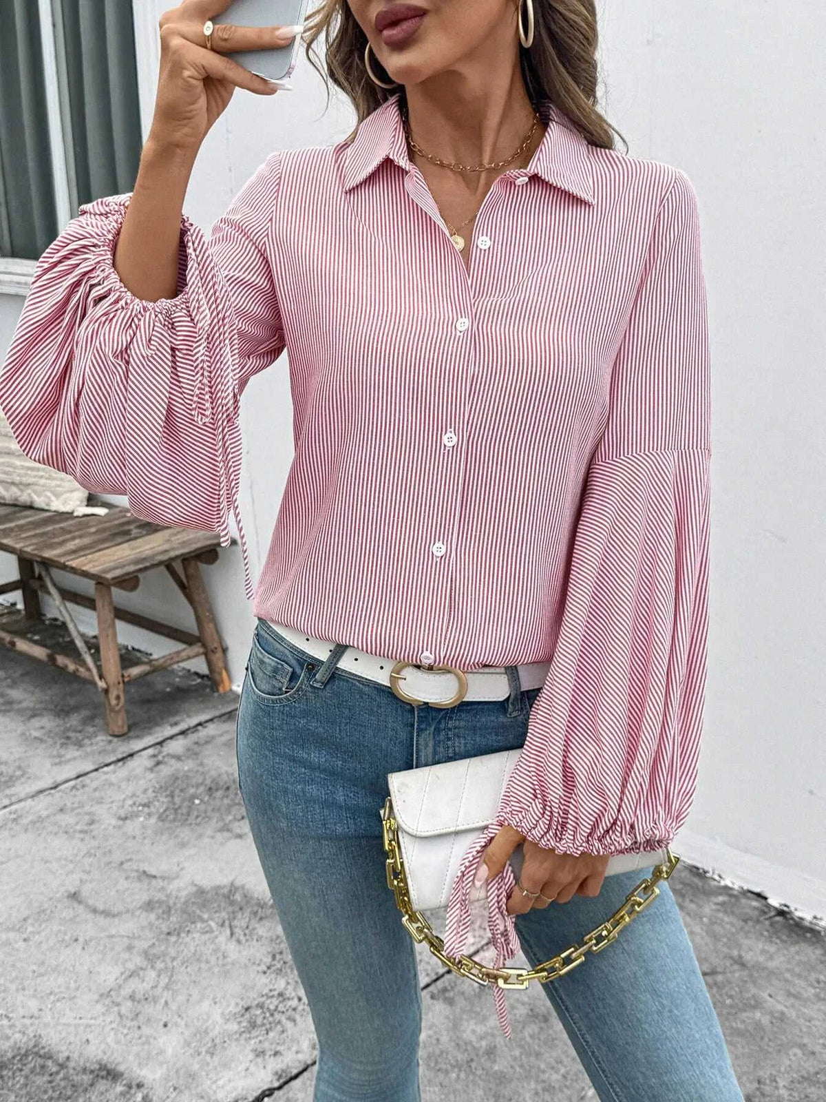 Striped Balloon Sleeve Button-Up Shirt 100100399150102 57 Affordable Fashion Under $100 Jerry's Apparel 
