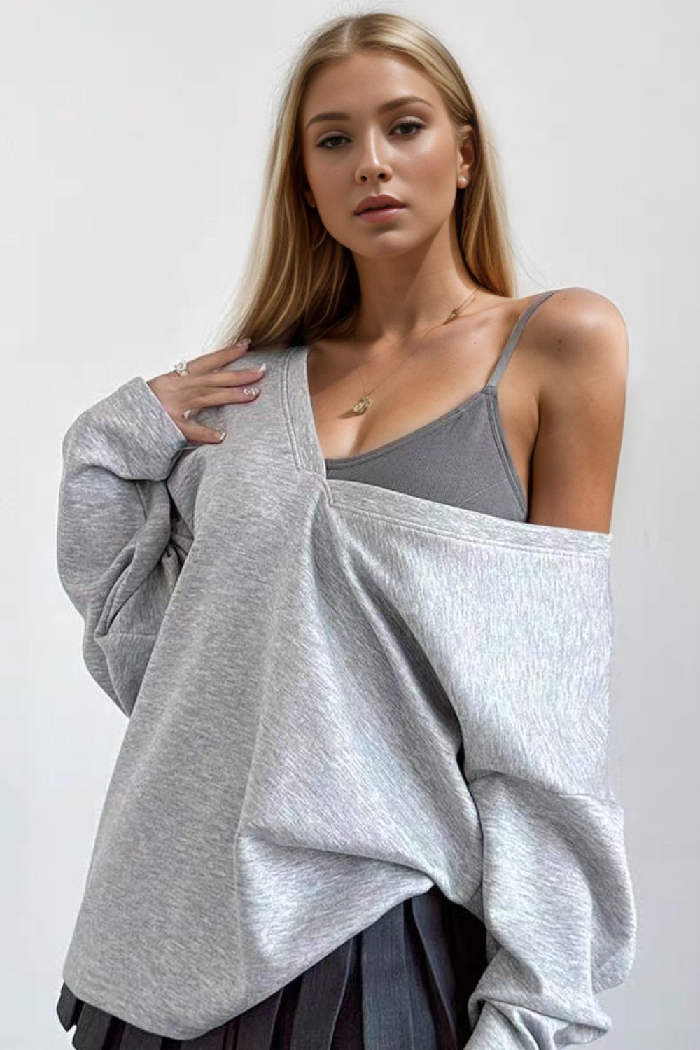 Basic Bae Air Scuba V-Neck Dropped Shoulder Long Sleeve Sweatshirt with Bra