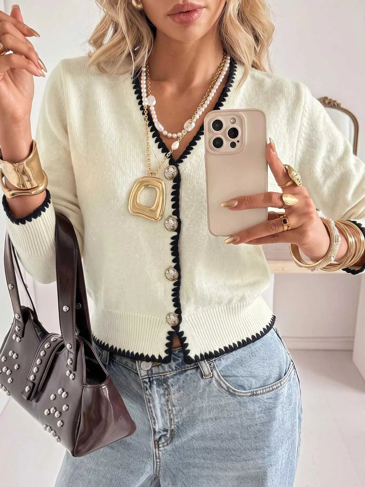 Contrast Trim V-Neck Button-Down Cardigan 101002872931400 55 Affordable Fashion Under $100 Jerry's Apparel 