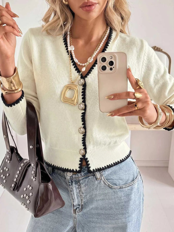 Contrast Trim V-Neck Button-Down Cardigan 101002872931400 55 Affordable Fashion Under $100 Jerry's Apparel 