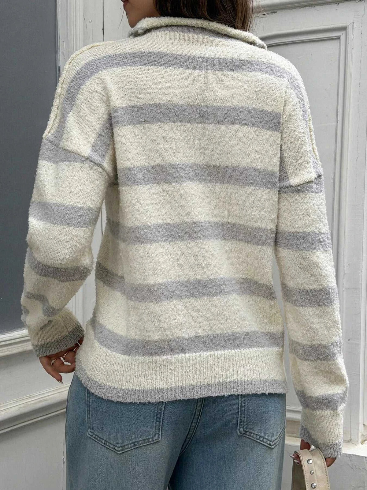 Striped Mock Neck Button-Down Textured Cardigan 101002484297323 53 Affordable Fashion Under $100 Jerry's Apparel 
