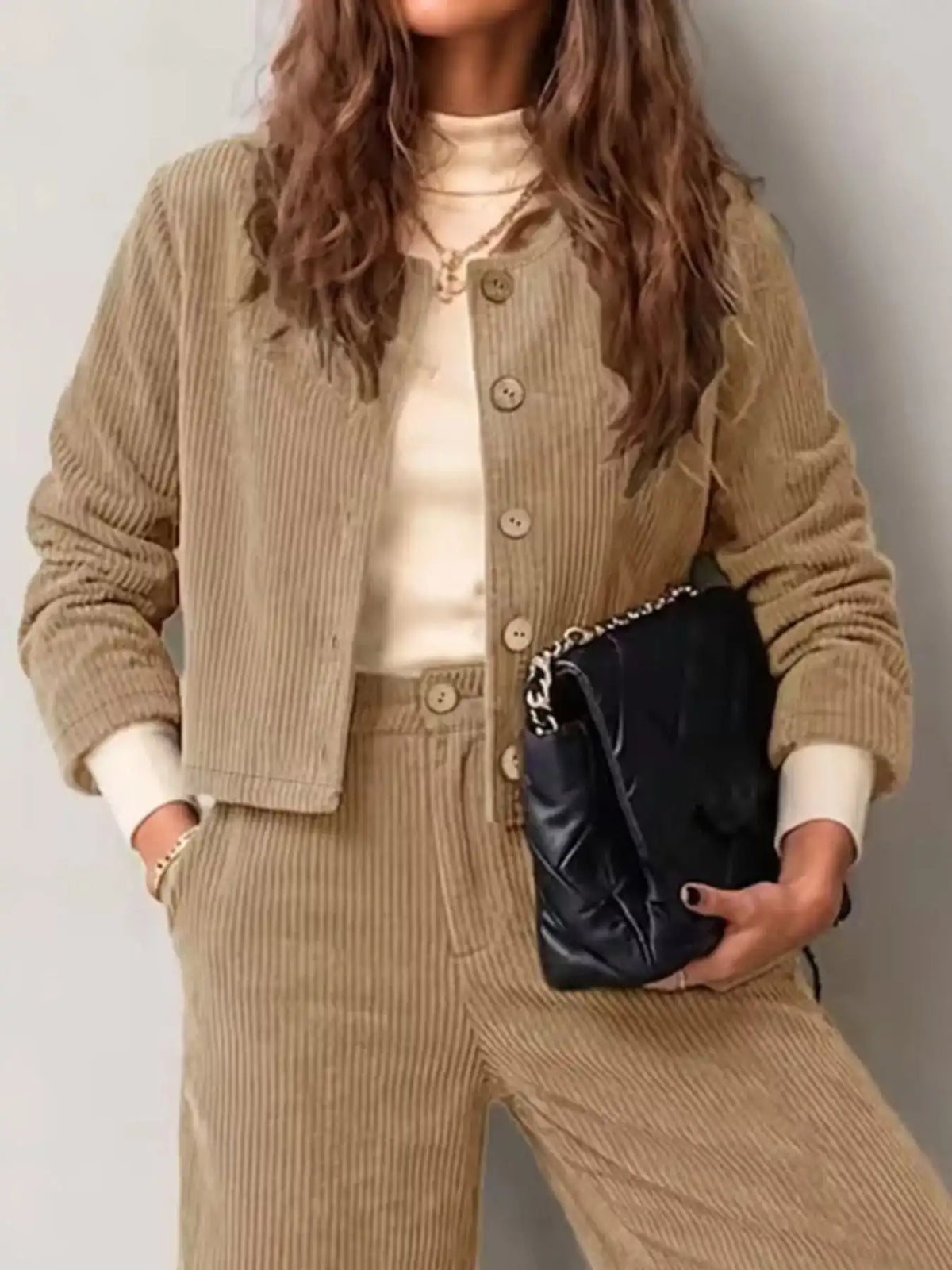 Full Size Corduroy Button-Down Jacket and Wide-Leg Pants Two-Piece Set Plus Size 101001217256067 73 Women's Pants Set Gifts for Her Jerry's Apparel 