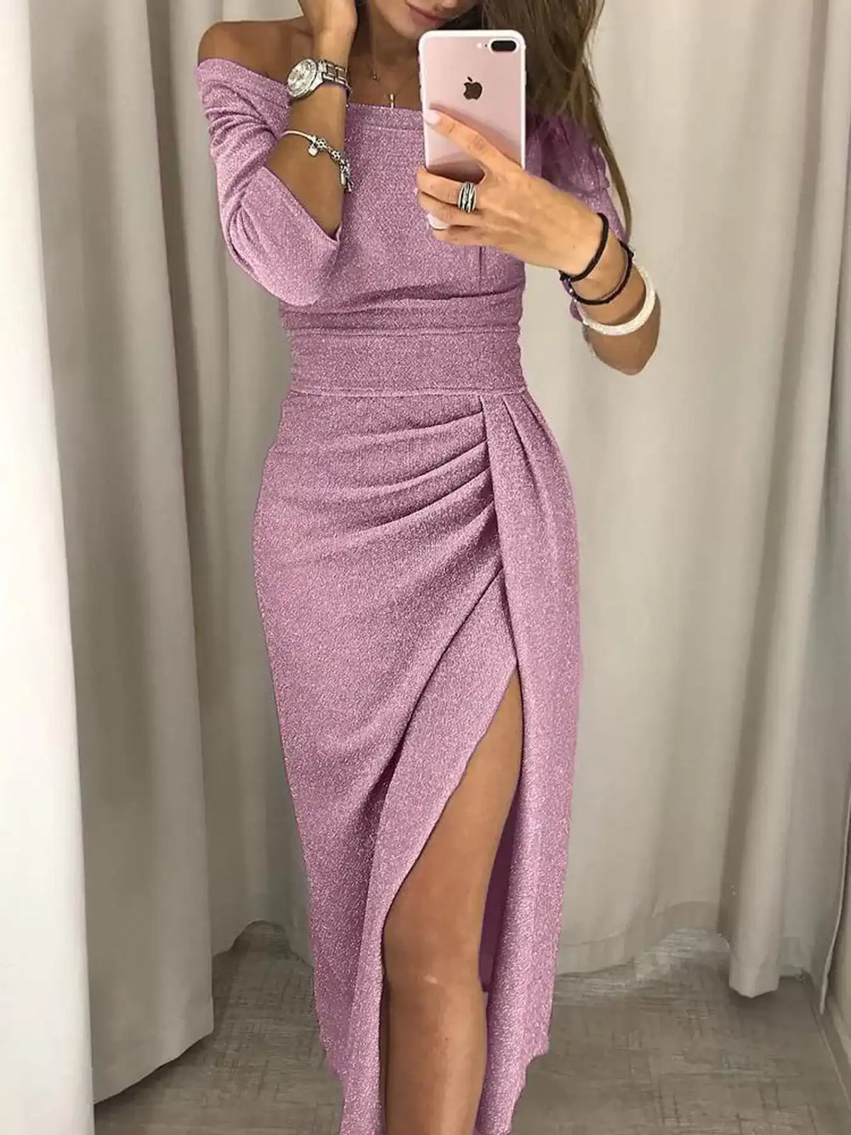Full Size Off-Shoulder Ruched Slit Midi Dress Plus Size 101001099770594 23 Affordable Fashion Under $100 Jerry's Apparel 