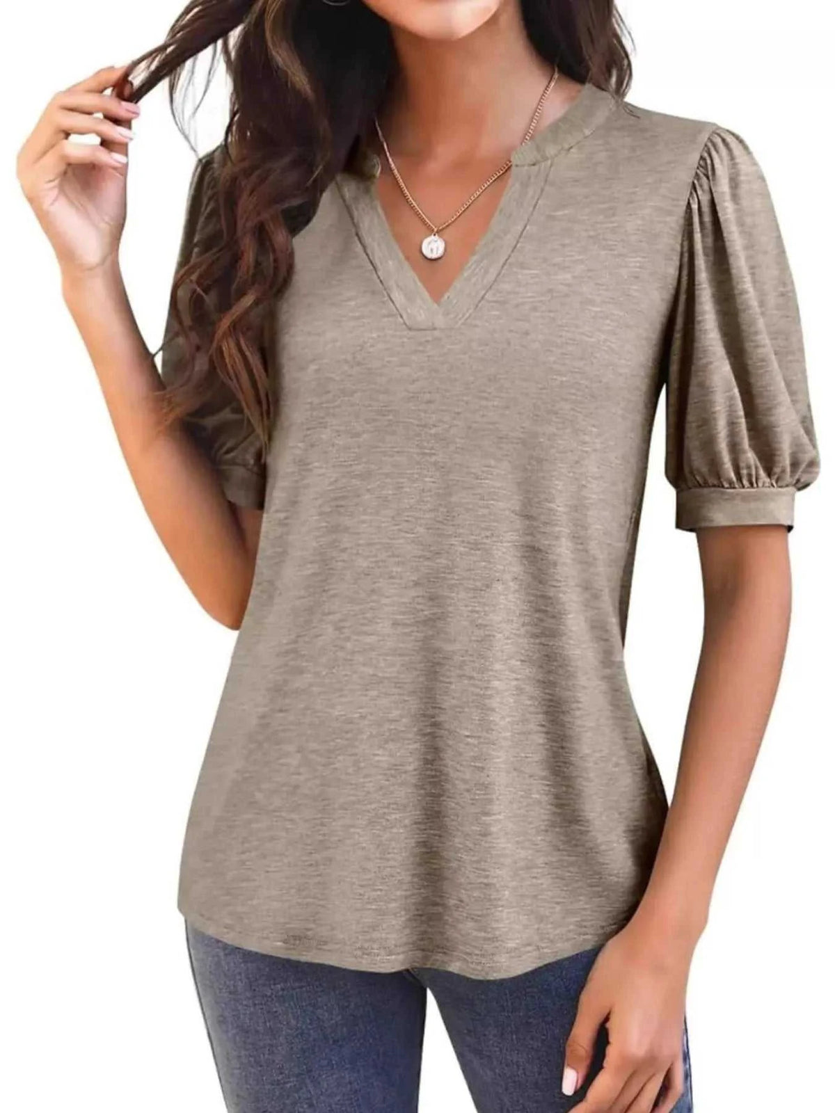 Puff Sleeve Notched Casual T-Shirt 100100978352776 23 Affordable Fashion Under $100 Jerry's Apparel 