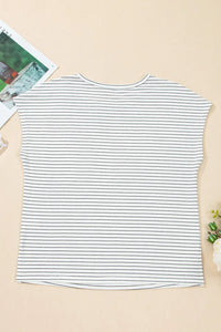 Stripe Cap Sleeve Crew Neck Casual Tee with Chest Pocket