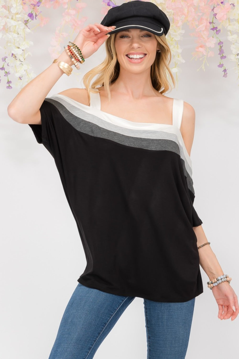 Celeste Full Size Striped Cold Shoulder Top